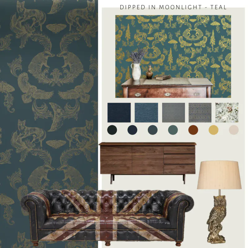 Dipped in Moonlight tapet metallic gold og teal/blågrønn