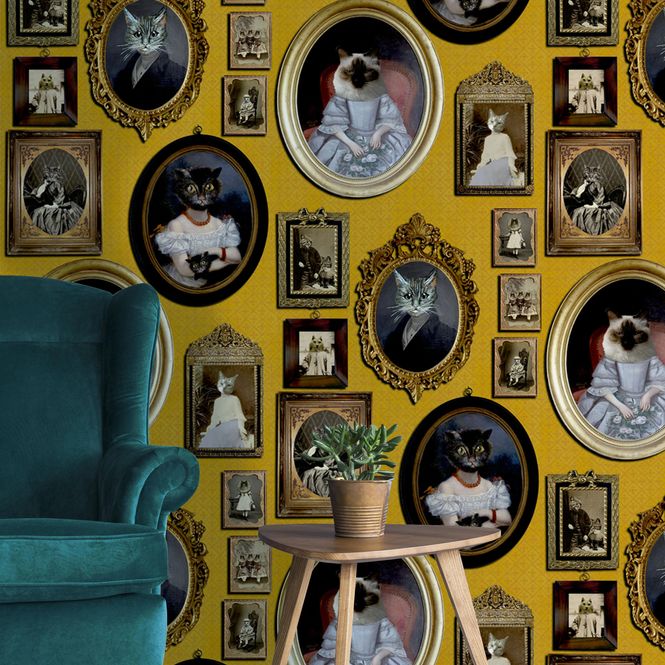 Main Image A Cavalcade of Cats tapet mustard, sennepsgul