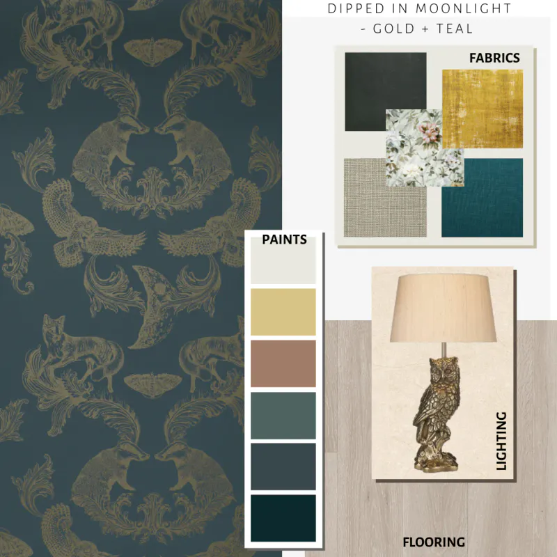 Dipped in Moonlight tapet metallic gold og teal/blågrønn
